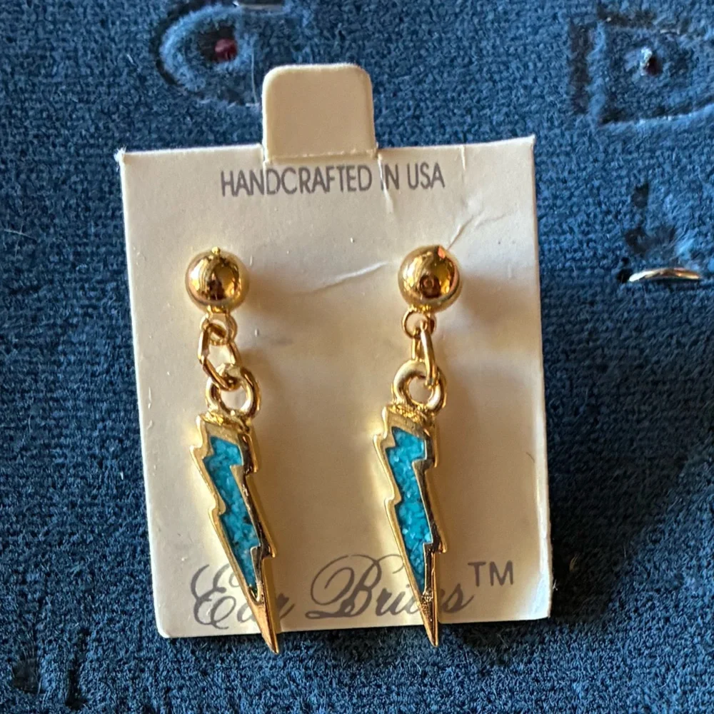 Gold Lightning Bolt Drop Earrings with Turquoise Inlay - Picture 1 of 6